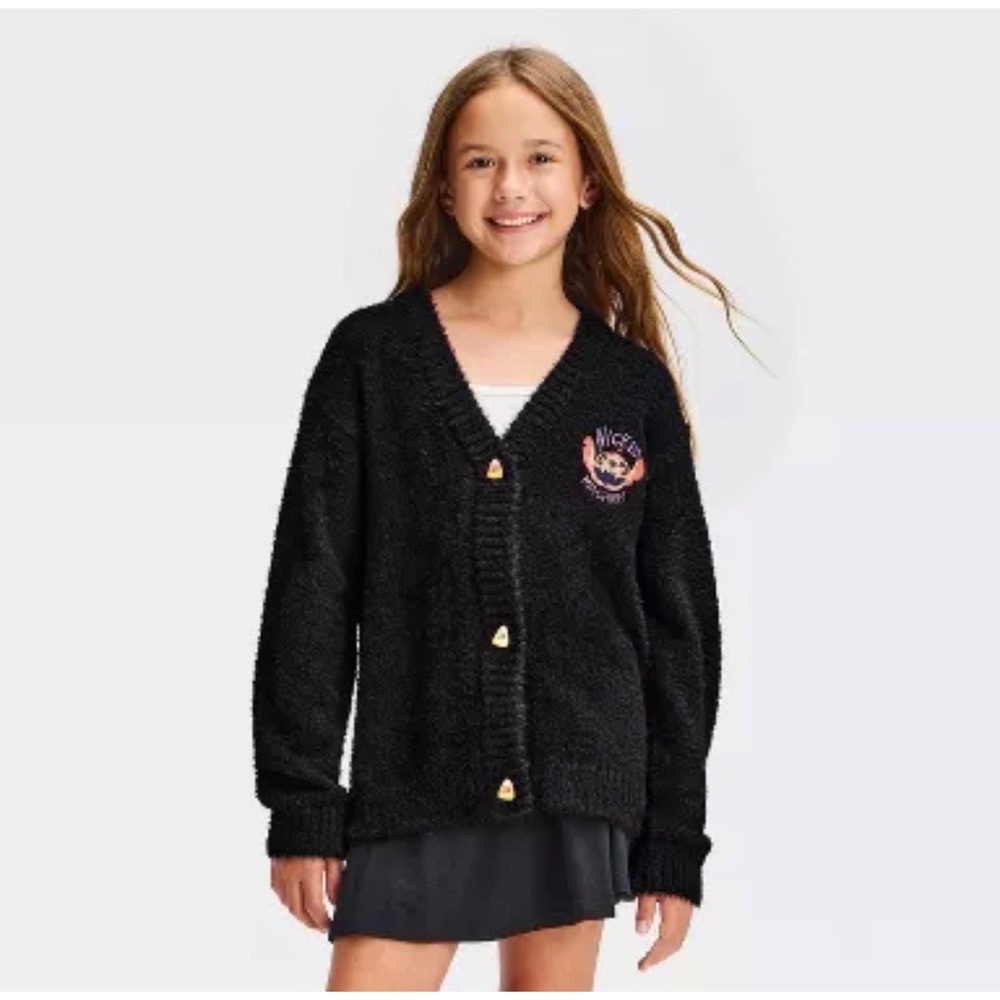 Disney Stitch Halloween Cardigan Girls L Plus Black Eyelash Knit Pumpkin Sweater
